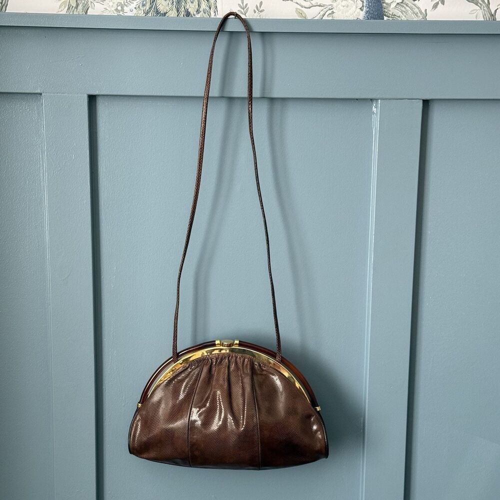 Vintage Fleur de Paris Snake Skin Clutch Shoulder Bag Made In Spain Brown Gold - Picture 5 of 9